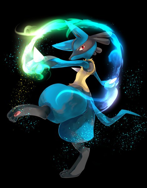 Anime picture 1873x2386 with pokemon nintendo lucario rathke single tall image looking at viewer highres simple background red eyes magic black background fighting stance gen 4 pokemon animal