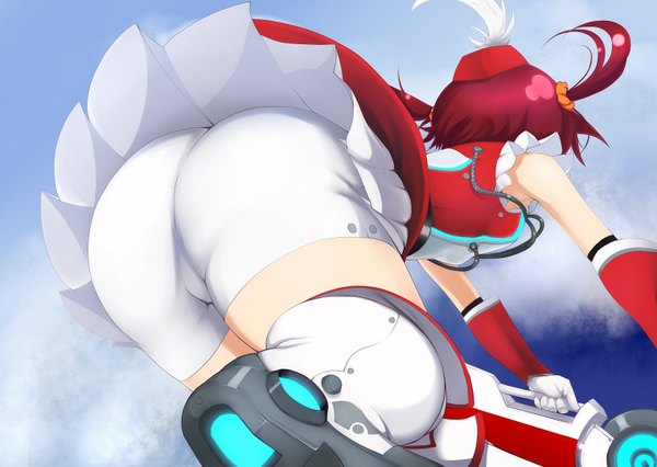 Anime picture 1520x1080 with vividred operation isshiki akane yummy yoi long hair light erotic twintails ass red hair short twintails girl skirt miniskirt leggings