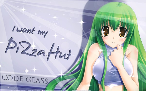Anime picture 1920x1200 with code geass sunrise (studio) pizza hut c.c. ikegami akane single long hair looking at viewer fringe highres breasts wide image large breasts brown eyes yellow eyes payot green hair text girl