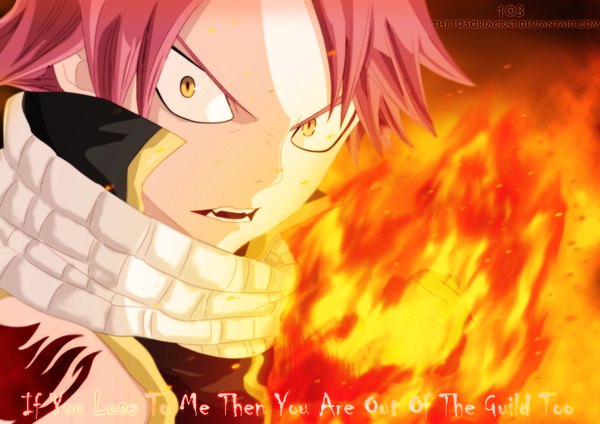 Anime picture 1063x752 with fairy tail natsu dragneel the103orjagrat single short hair open mouth yellow eyes pink hair inscription tattoo sleeveless coloring magic close-up angry boy scarf fire