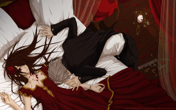 Anime picture 2560x1600 with vampire knight studio deen cross yuki kiryuu zero cilou (artist) hino matsuri long hair fringe highres short hair red eyes silver hair lying nail polish hair flower hair over one eye vampire girl dress boy