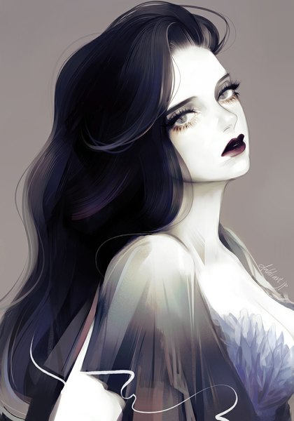 Anime picture 800x1143 with original takenaka single long hair tall image looking at viewer black hair simple background signed grey background grey eyes lipstick pale skin girl