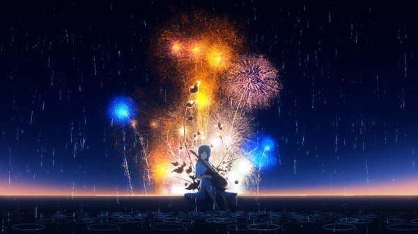 Anime picture 2560x1440 with original y y (ysk ygc) single long hair highres wide image blue hair eyes closed light smile night wallpaper rain fireworks girl dress plant (plants) sundress musical instrument guitar