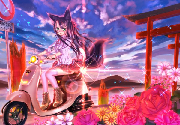Anime picture 1468x1022 with original sakimiya naon single long hair blush open mouth green eyes animal ears purple hair cloud (clouds) animal tail evening sunset girl thighhighs dress flower (flowers) white thighhighs boots torii