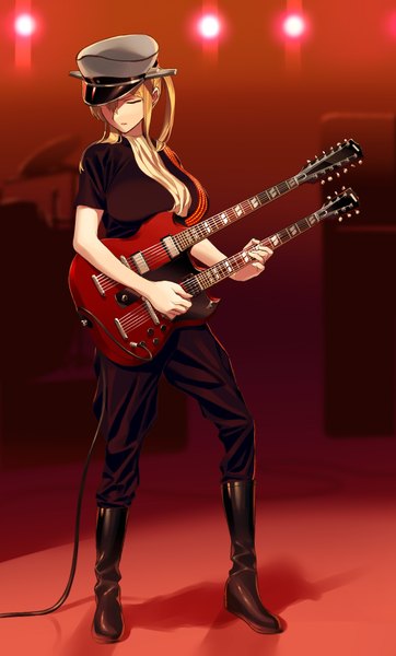 Anime picture 1209x2000 with kantai collection bismarck battleship blew andwhite single long hair tall image breasts large breasts holding bent knee (knees) head tilt shadow short sleeves red background playing instrument girl knee boots musical instrument peaked cap guitar