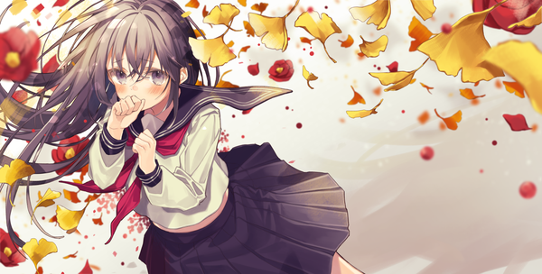 Anime picture 1500x760 with original oshio (dayo) single long hair blush fringe black hair hair between eyes wide image standing from above wind black eyes covered mouth girl uniform flower (flowers) serafuku leaf (leaves) autumn leaves