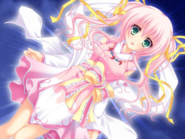 Anime picture 1600x1200 with neko koi! whirlpool (studio) toono sayaka mikagami mamizu long hair twintails green eyes pink hair game cg girl ribbon (ribbons) hair ribbon