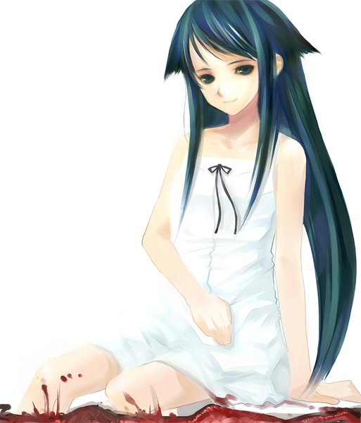 Anime picture 855x1000 with saya no uta nitroplus saya (saya no uta) takashima single long hair tall image fringe black hair simple background smile white background green eyes looking away light smile girl dress white dress blood sundress