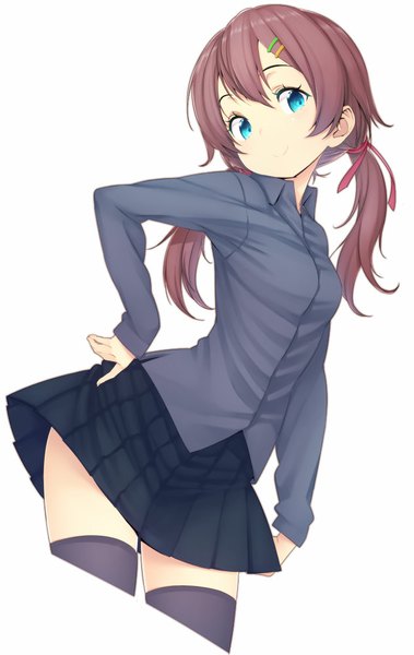 Anime picture 632x1000 with original zizi (zz22) single long hair tall image looking at viewer blue eyes simple background smile brown hair standing white background twintails pleated skirt zettai ryouiki hand on hip girl thighhighs skirt uniform