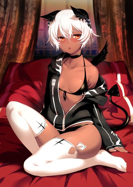 Anime picture 1254x1771 with black rock shooter strength (black rock shooter) mdastarou single tall image looking at viewer short hair breasts light erotic sitting bare shoulders bent knee (knees) white hair tail open clothes open jacket orange eyes tattoo no shoes dark skin