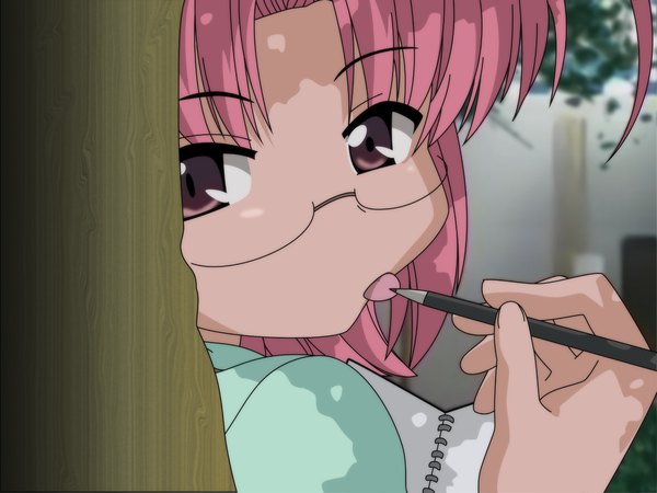Anime picture 1600x1200 with mahoraba j.c. staff momono megumi single looking at viewer short hair pink hair pink eyes depth of field girl glasses tongue pencil