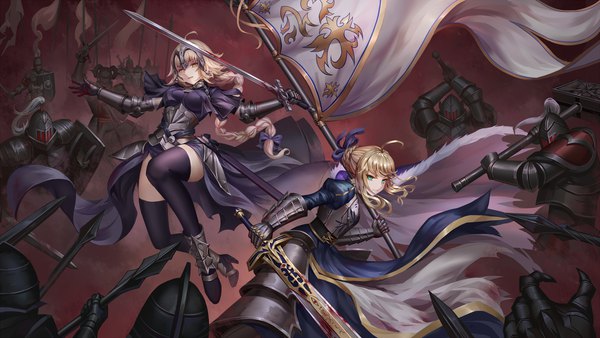 Anime picture 2128x1200 with fate (series) fate/grand order fate/stay night fate/apocrypha artoria pendragon (all) saber jeanne d'arc (fate) (all) jeanne d'arc (fate) aaeru long hair looking at viewer highres short hair blonde hair wide image multiple girls green eyes yellow eyes ahoge braid (braids)