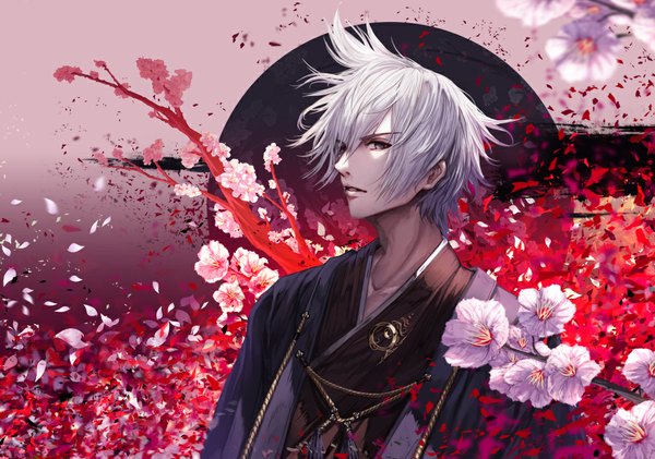 Anime picture 1014x713 with original jname single looking at viewer short hair white hair traditional clothes parted lips japanese clothes wind grey eyes depth of field plum blossoms boy flower (flowers) plant (plants) petals tree (trees) branch