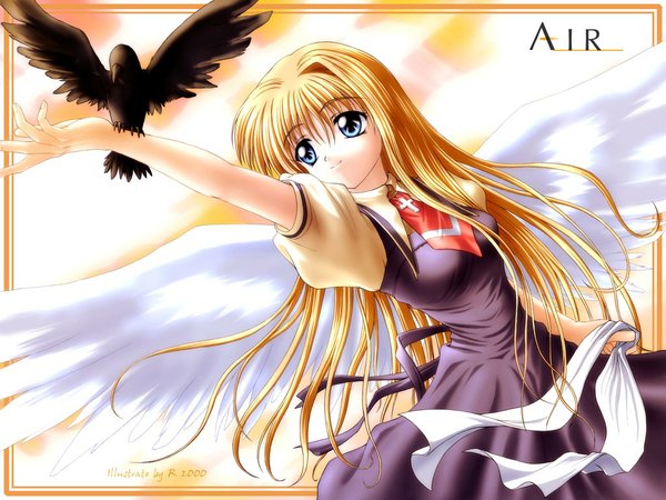 Anime picture 1024x768 with air key (studio) kamio misuzu sora r (artist) girl animal wings bird (birds)