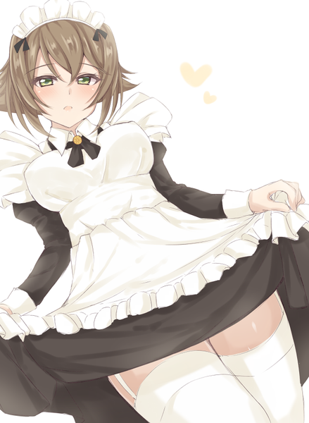 Anime picture 600x820 with kantai collection mutsu battleship jiino single tall image looking at viewer blush fringe short hair open mouth light erotic simple background hair between eyes brown hair white background green eyes payot head tilt from below maid