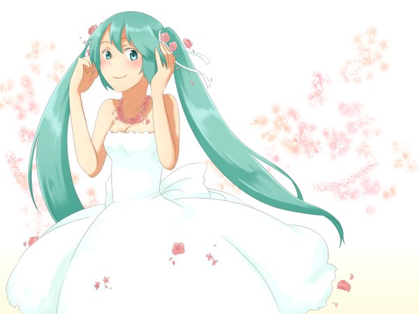 Anime picture 1400x1050 with vocaloid hatsune miku long hair blush smile white background twintails bare shoulders hair flower aqua eyes aqua hair girl dress hair ornament flower (flowers) ribbon (ribbons) hair ribbon white dress sundress