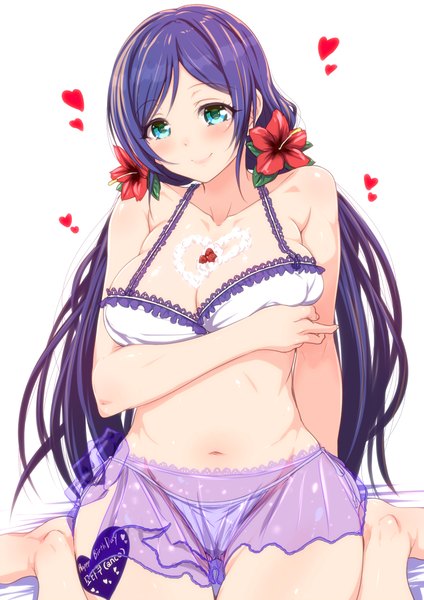Anime picture 867x1227 with love live! school idol project sunrise (studio) love live! toujou nozomi clearite single long hair tall image looking at viewer blush breasts blue eyes light erotic smile large breasts white background purple hair hair flower girl navel