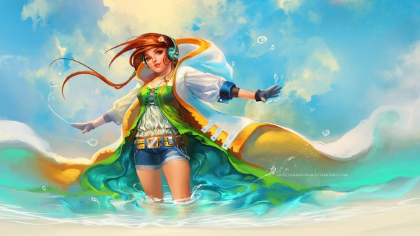 Anime picture 1920x1080 with original sakimichan single long hair highres brown hair wide image green eyes sky cloud (clouds) lips realistic girl water shorts belt headphones fingerless gloves wave (waves)