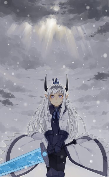 Anime picture 741x1200 with original pixiv fantasia pixiv fantasia sword regalia haijin long hair tall image blush standing purple eyes holding looking away cloud (clouds) white hair braid (braids) horn (horns) pointy ears sunlight snowing winter snow