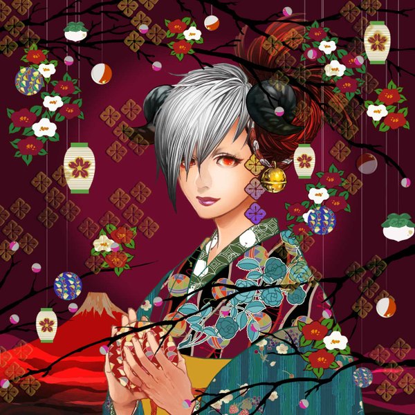 Anime picture 1280x1280 with original ocha (artist) single long hair looking at viewer fringe short hair simple background smile red eyes holding silver hair red hair traditional clothes japanese clothes multicolored hair horn (horns) light smile lips mountain