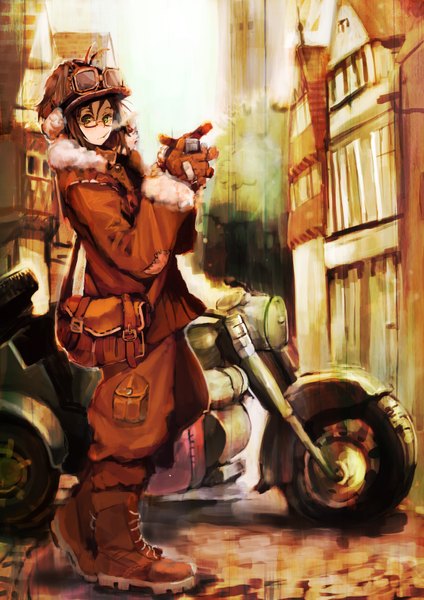 Anime picture 1200x1697 with original so-bin single tall image looking at viewer short hair brown hair green eyes smoke smoking girl gloves boots building (buildings) bag goggles cigarette motorcycle lighter