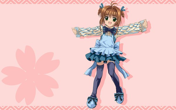 Anime picture 1920x1200 with card captor sakura clamp kinomoto sakura mutsuki (moonknives) single looking at viewer blush highres short hair open mouth brown hair wide image green eyes ahoge shadow two side up wallpaper spread arms pink background girl