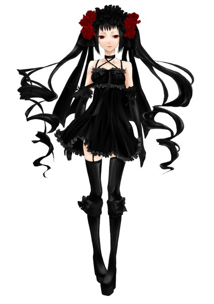 Anime picture 1000x1414 with original yoshikawa (rocks11) single long hair tall image looking at viewer black hair simple background red eyes white background twintails hair flower girl thighhighs dress gloves hair ornament black thighhighs elbow gloves