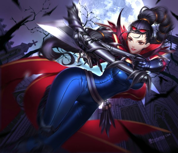 Anime picture 1615x1390 with league of legends vayne (league of legends) gu-ko citemer long hair breasts black hair smile standing bent knee (knees) ponytail bare tree girl weapon plant (plants) tree (trees) building (buildings) moon cloak bodysuit cross