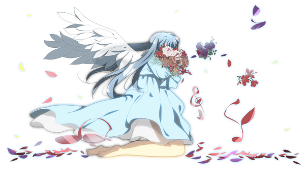 Anime picture 1500x906 with vocaloid hatsune miku marirero a single long hair wide image twintails blue hair transparent background girl dress flower (flowers) wings bouquet