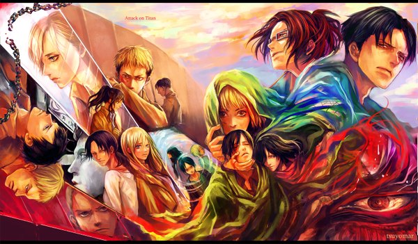 Anime picture 2857x1673 with shingeki no kyojin production i.g mikasa ackerman eren yaeger levi (rivaille) annie leonhart krista lenz armin arlert sasha blouse ymir (shingeki no kyojin) hange zoe reiner braun jean kirstein connie springer tsuyomaru long hair looking at viewer highres short hair blue eyes