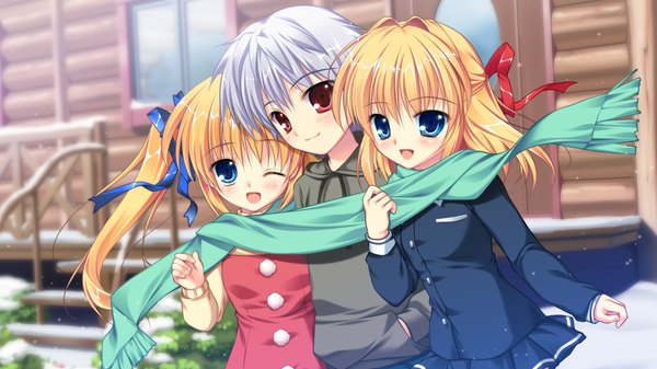 Anime picture 2557x1440 with manatsu no yoru no yuki monogatari kagamatsuri mana kagamatsuri koromo mikeou long hair blush highres open mouth blue eyes blonde hair red eyes wide image twintails multiple girls game cg loli shared scarf girl boy ribbon (ribbons)