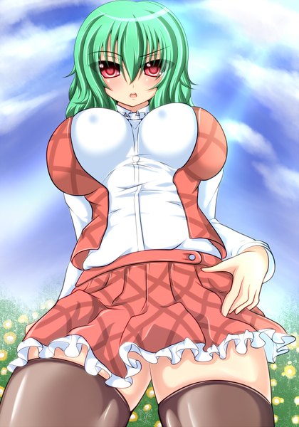 Anime picture 1243x1777 with touhou kazami yuuka syroh single tall image short hair breasts light erotic red eyes large breasts green hair girl thighhighs skirt black thighhighs miniskirt skirt set red skirt