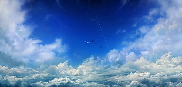 Anime picture 1000x479 with original seafh (artist) wide image sky cloud (clouds) no people landscape star (stars) dragon