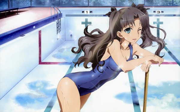 Anime picture 2560x1600 with fate (series) fate/stay night studio deen type-moon toosaka rin highres blue eyes light erotic black hair wide image one eye closed wink scan ribbon (ribbons) swimsuit one-piece swimsuit school swimsuit