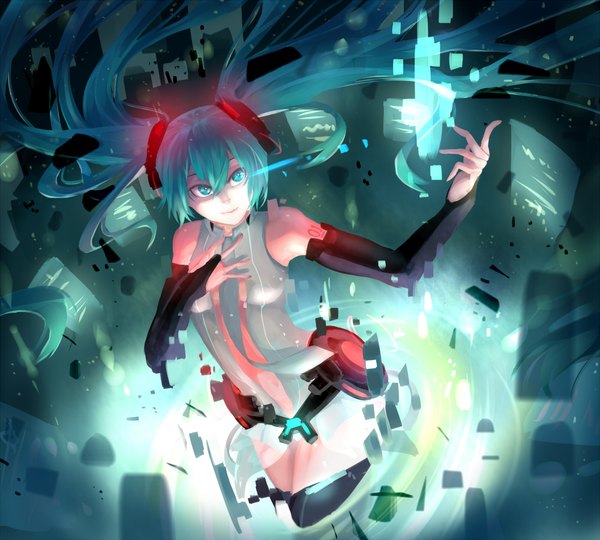 Anime picture 2000x1800 with vocaloid vocaloid append hatsune miku hatsune miku (append) phino (jinko0094) single long hair blush highres twintails bare shoulders aqua eyes light smile aqua hair hand on chest girl gloves black gloves necktie elbow gloves