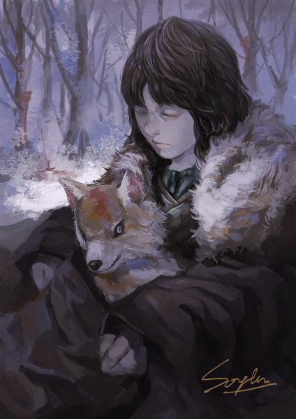 Anime picture 2480x3508 with a song of ice and fire bran stark summer (a song of ice and fire) riko233 single tall image highres short hair black hair signed eyes closed realistic boy plant (plants) animal tree (trees) fur forest wolf