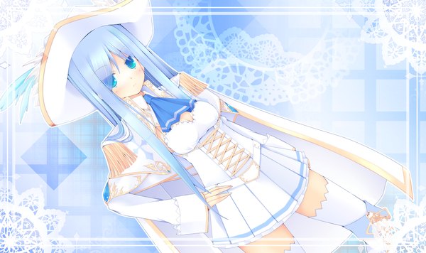 Anime picture 1850x1100 with original kuon itsuki single long hair looking at viewer blush highres blue eyes wide image blue hair hand on hip girl thighhighs dress hat white thighhighs