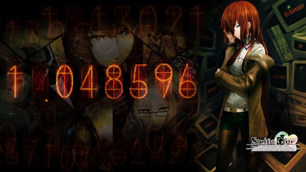 Anime picture 2844x1600 with steins;gate white fox makise kurisu long hair highres blue eyes brown hair wide image open clothes open jacket logo girl shirt necktie shorts monitor