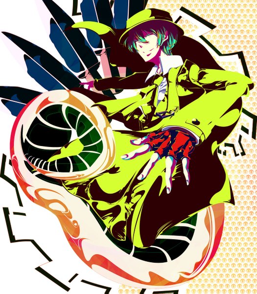 Anime picture 1070x1223 with blazblue hazama nagnag0092 single tall image short hair smile eyes closed green hair multicolored boy hat necktie fingerless gloves suit