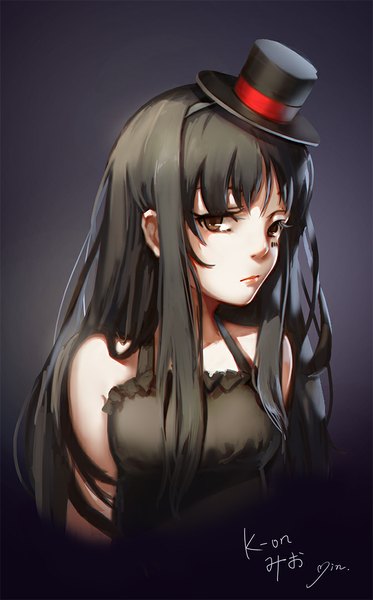 Anime picture 672x1080 with k-on! kyoto animation akiyama mio minhoo single long hair tall image looking at viewer black hair brown eyes dark background girl dress hat mini hat mini top hat