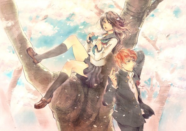 Anime picture 4092x2893 with original tamachi kuwa long hair highres short hair open mouth brown hair sitting absurdres red hair sunlight cherry blossoms arms behind head tree sitting untying skirt uniform flower (flowers) plant (plants) school uniform