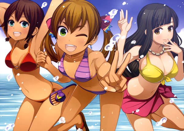 Anime picture 7027x5006 with suisei no gargantia production i.g amy (suisei no gargantia) saaya (suisei no gargantia) melty (suisei no gargantia) torigoe takumi long hair highres short hair breasts blue eyes light erotic black hair brown hair multiple girls brown eyes green eyes absurdres one eye closed wink