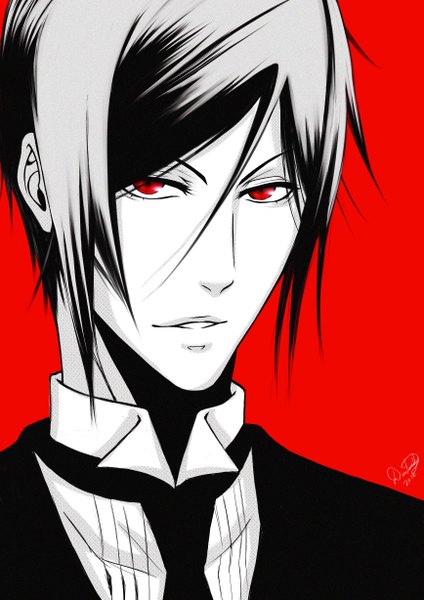 Anime picture 1736x2455 with kuroshitsuji a-1 pictures sebastian michaelis single tall image looking at viewer fringe highres short hair black hair simple background hair between eyes red eyes monochrome portrait red background butler boy suit