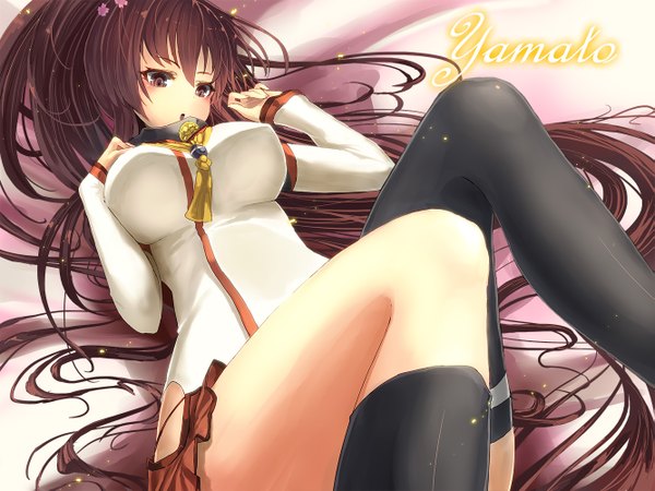 Anime picture 1333x1000 with kantai collection yamato super battleship tech chimera single fringe breasts light erotic brown hair large breasts brown eyes lying very long hair hair flower :o legs glow girl thighhighs skirt hair ornament