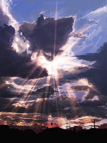 Anime picture 3000x4000 with original ryouma (galley) tall image highres absurdres sky cloud (clouds) sunlight landscape silhouette nature sunrise sun house