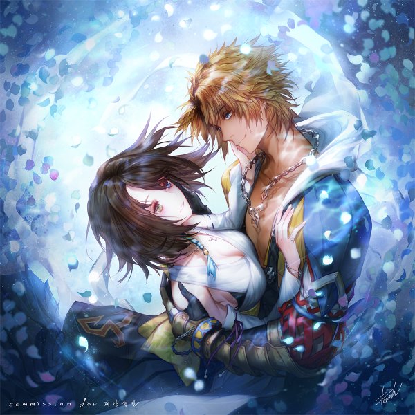 Anime picture 1200x1200 with final fantasy final fantasy x square enix yuna (ff10) tidus danhu long hair fringe short hair breasts blue eyes light erotic blonde hair smile hair between eyes brown hair bare shoulders green eyes signed payot