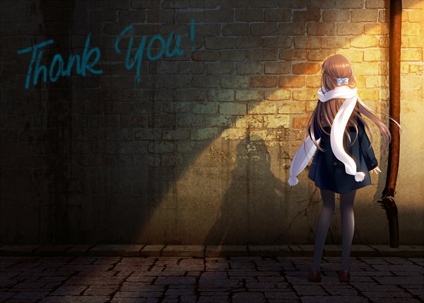 Anime picture 1184x846 with original ainili (artist) single long hair brown hair from behind shadow girl bow hair bow scarf coat wall