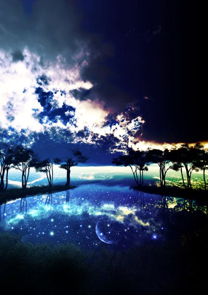 Anime picture 1500x2120 with original y-k tall image cloud (clouds) no people landscape fantasy scenic different reflection plant (plants) tree (trees) water star (stars) grass planet