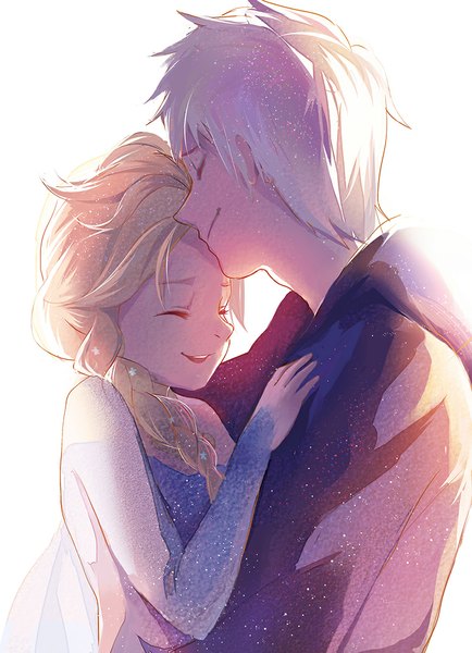 Anime picture 777x1074 with frozen (disney) rise of the guardians disney dreamworks elsa (frozen) jack frost (rise of the guardians) stellarism long hair tall image short hair blonde hair simple background smile white background white hair eyes closed couple hug girl dress