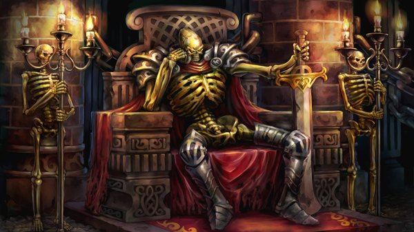 Anime picture 2560x1440 with dragon's crown vanillaware highres wide image standing sitting yellow eyes skeleton weapon sword armor cloak lantern room throne